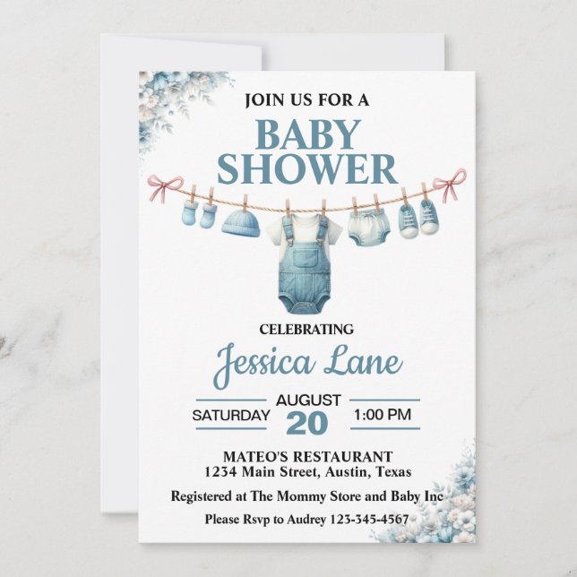 Cute Boy Clothesline Baby Shower Invitation (Front)