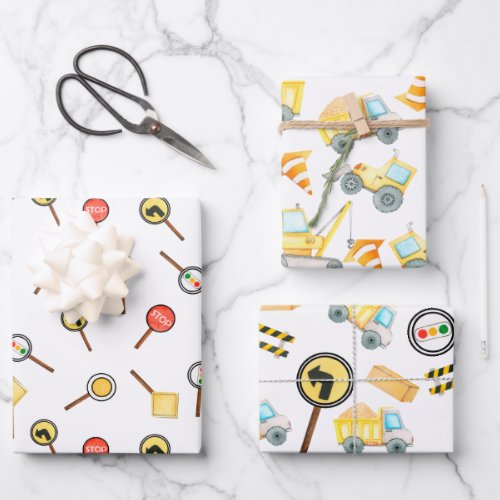 Cute Boy Construction Builder Traffic Vehicles  Wrapping Paper Sheets