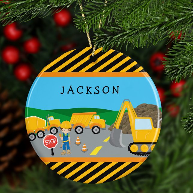 Cute Boy Construction Vehicle Kids Christmas Ceramic Ornament (Creator Uploaded)
