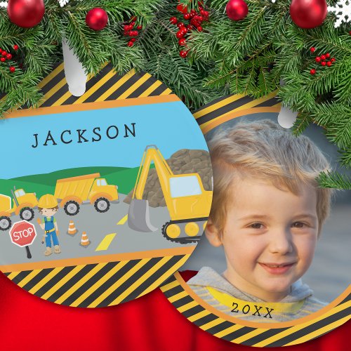 Cute Boy Construction Vehicle Kids Photo Christmas Ornament