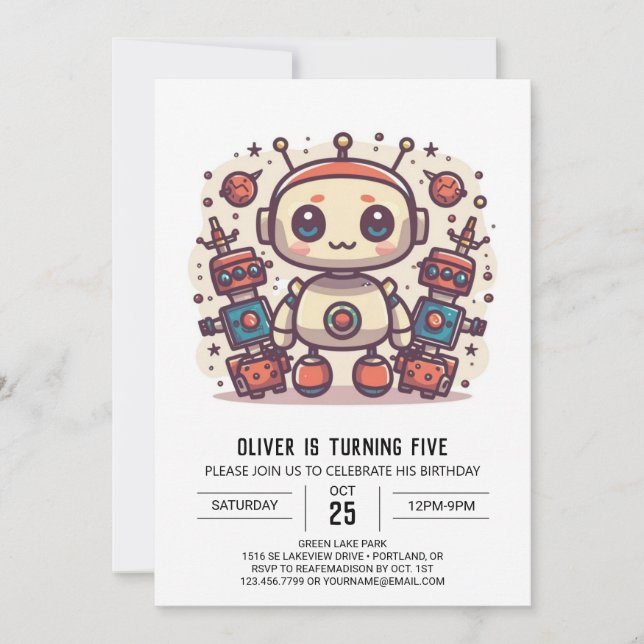 Cute Boy Custom Robot Birthday Invitation (Front)