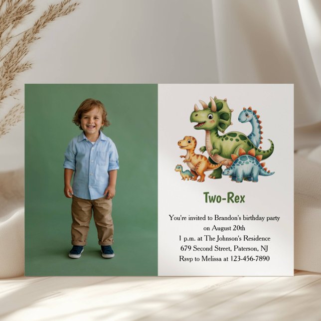 Cute Boy Dinosaur Photo Kids 2nd Birthday Party Invitation (Creator Uploaded)