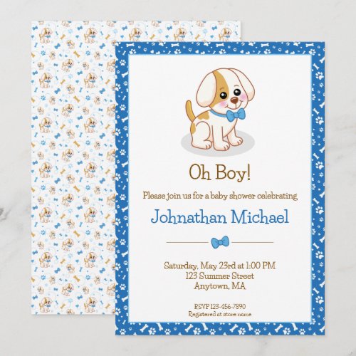Cute Boy Dog Blue Bow Tie Personalized Baby Shower Invitation