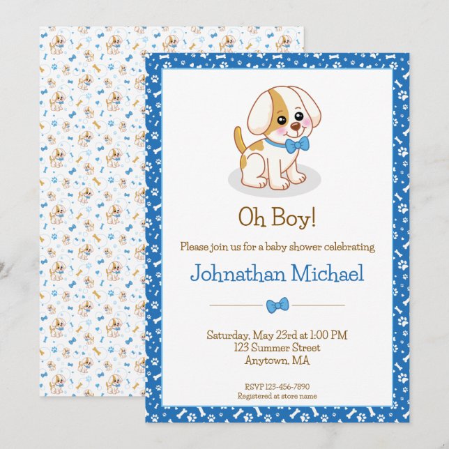 Cute Boy Dog Blue Bow Tie Personalized Baby Shower Invitation (Front/Back)