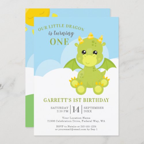 Cute Boy Dragon 1st Birthday Invitation