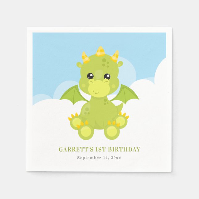 Cute Boy Dragon 1st Birthday Napkins (Front)