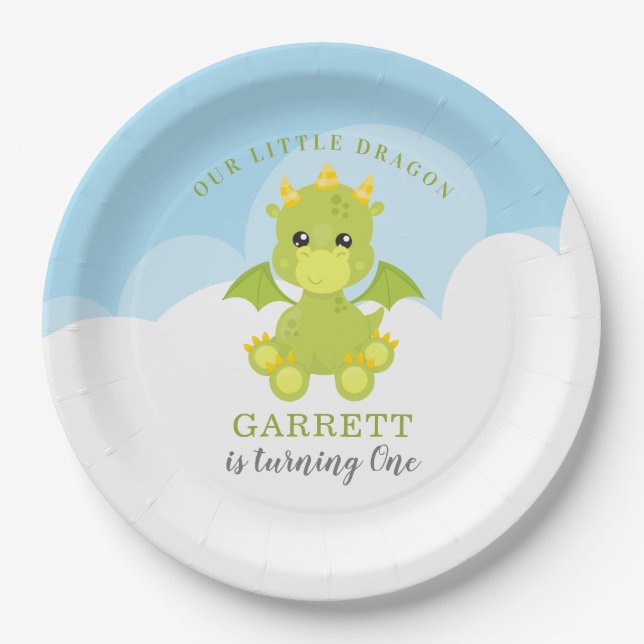 Cute Boy Dragon 1st Birthday Paper Plates (Front)