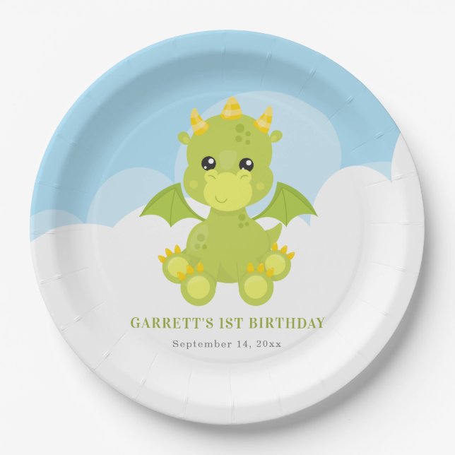 Cute Boy Dragon 1st Birthday Paper Plates (Front)