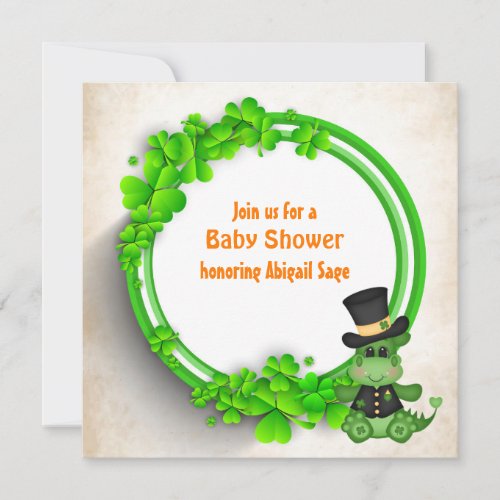 Cute Boy Dragon and Clovers Irish Baby Shower Invitation