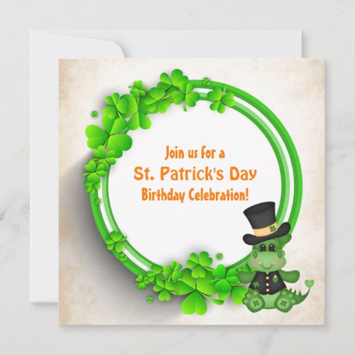 Cute Boy Dragon St Patricks Day Irish Birthday Invitation