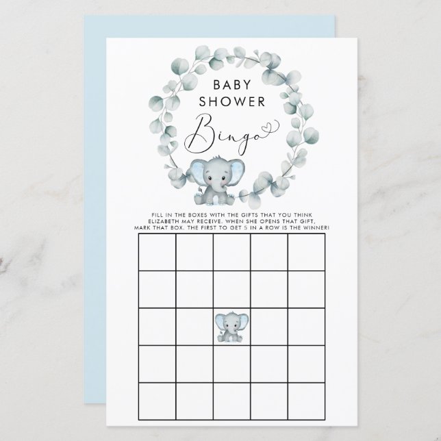 Cute Boy Elephant Baby Bingo Shower Game (Front/Back)