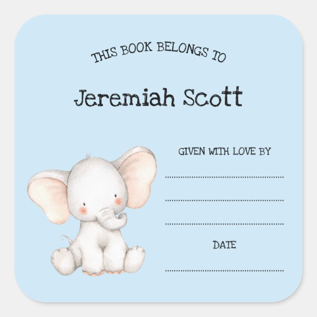 Cute boy elephant baby shower bookplate (Front)