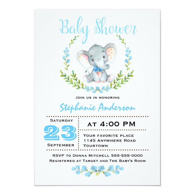 Cute Boy Elephant Baby Shower Invitation
