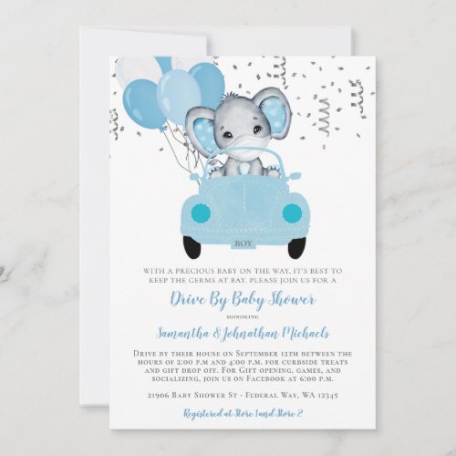 Cute Boy Elephant Balloons Drive By Baby Shower In Invitation