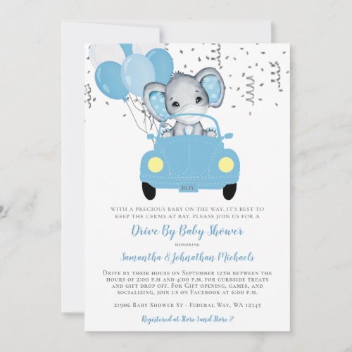 Cute Boy Elephant Balloons Drive By Baby Shower In Invitation