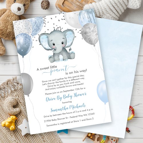 Cute Boy Elephant Balloons Drive By Baby Shower Invitation