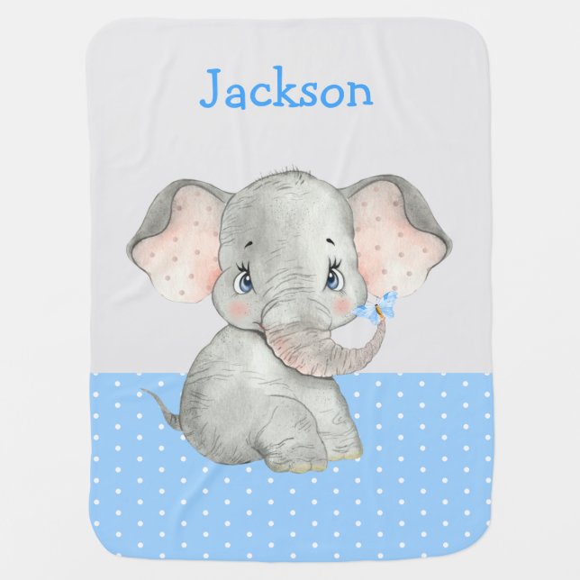 Cute Boy Elephant Blue Gray Personalized  Baby Blanket (Front)
