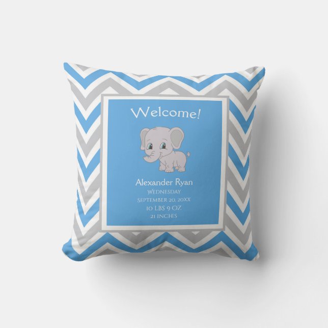 Cute Boy Elephant Chevron Birth Stats Blue Grey Throw Pillow (Front)