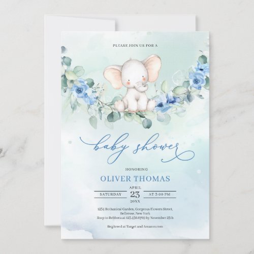 Cute boy elephant Dusty Blue flowers Eucalyptus  Invitation