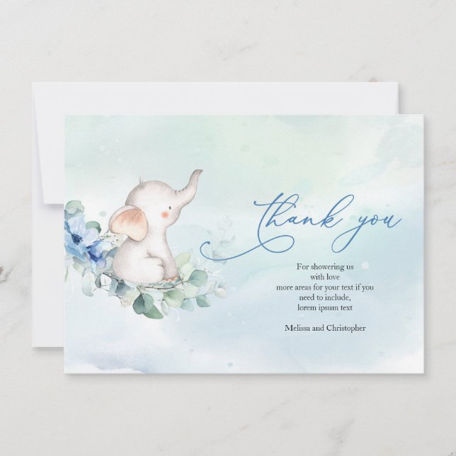 Cute Boy Elephant Dusty Blue Flowers Eucalyptus Thank You Card (Front)