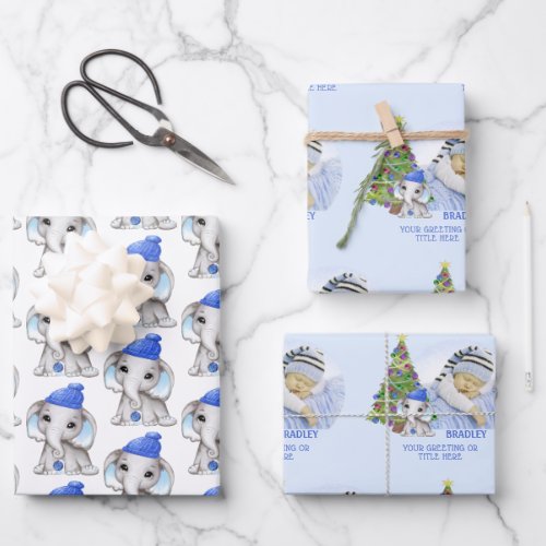 Cute Boy Elephant Photo Name Christmas Blue Wrapping Paper Sheets