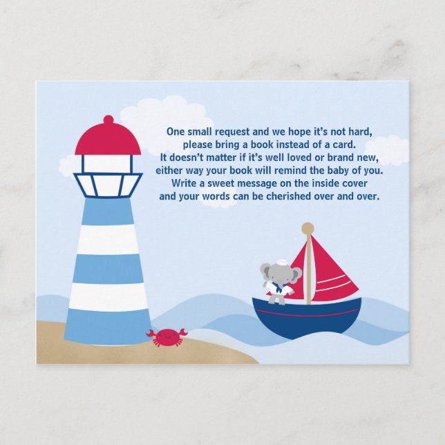 Cute boy elephant sailor baby shower book card (Front)