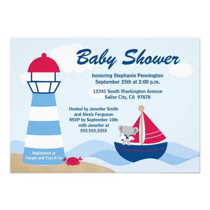 Cute boy elephant sailor baby shower invitation 