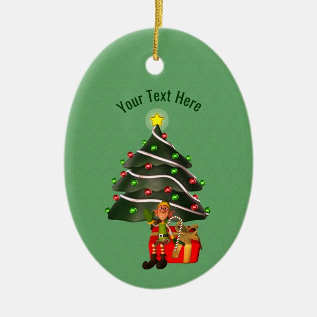 Cute Boy Elf Tree Holiday Personalized Ceramic Ornament (Front)