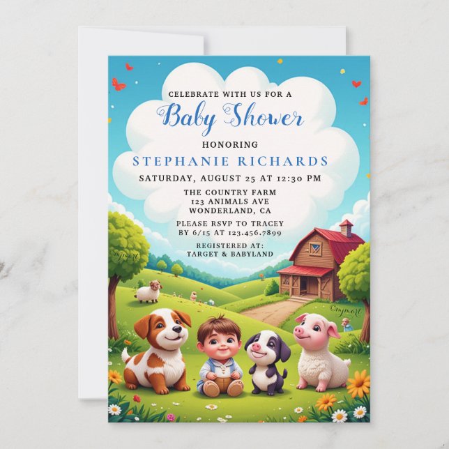 Cute Boy Farm Animals Baby Shower Invitation (Front)