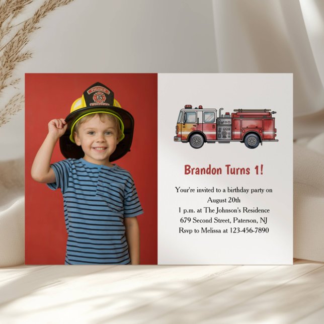 Cute Boy Firefighter Photo Kids 1st Birthday Party Invitation (Creator Uploaded)