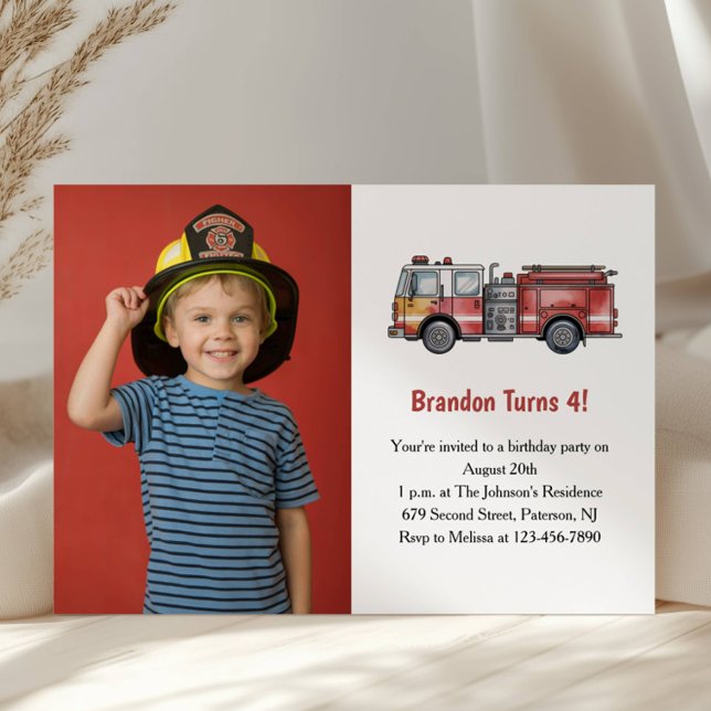 Cute Boy Firefighter Photo Kids 4th Birthday Party Invitation (Creator Uploaded)
