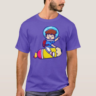 Cute Boy Flying With Pencil Rocket T-Shirt
