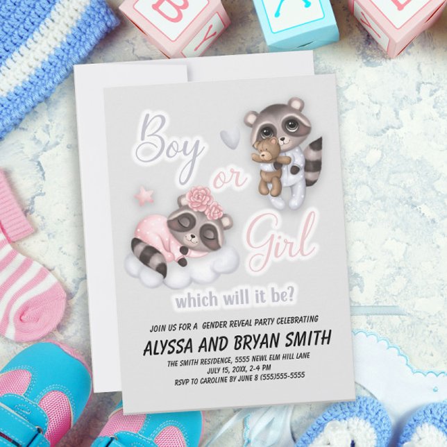 Cute Boy Girl Baby Raccoons Gender Reveal Invitation (Creator Uploaded)