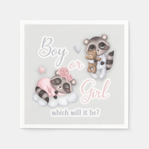 Cute Boy Girl Baby Raccoons Gender Reveal Napkins