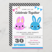 Cute Boy Girl Bunny Twin Birthday Party Invitation