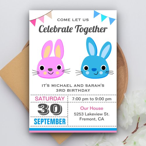 Cute Boy Girl Bunny Twin Birthday Party Invitation