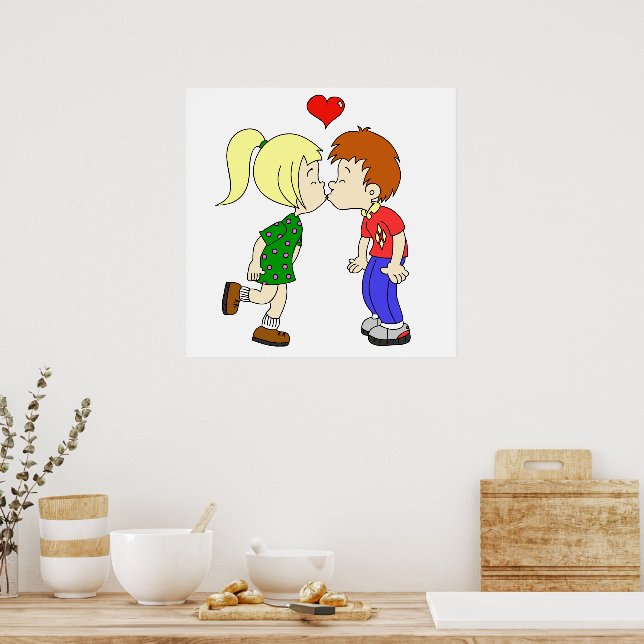 Cute boy girl kiss cartoon kids poster Zazzle