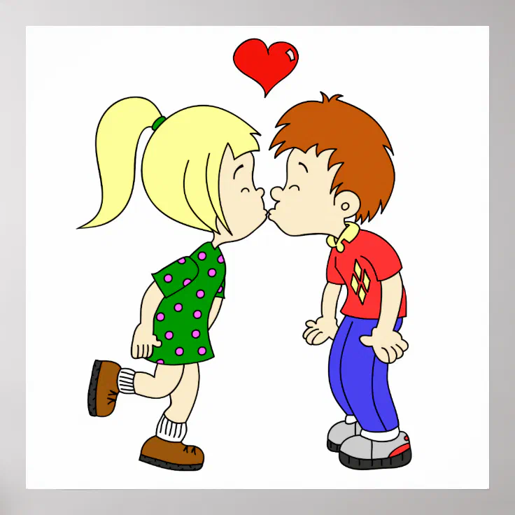 Cute boy girl kiss cartoon kids poster | Zazzle