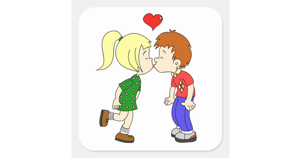 Cute Boy Girl Kiss Cartoon Kids Square Sticker Zazzle Com