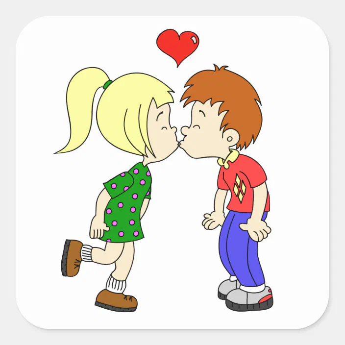 Cute Boy Girl Kiss Cartoon Kids Square Sticker Zazzle Com