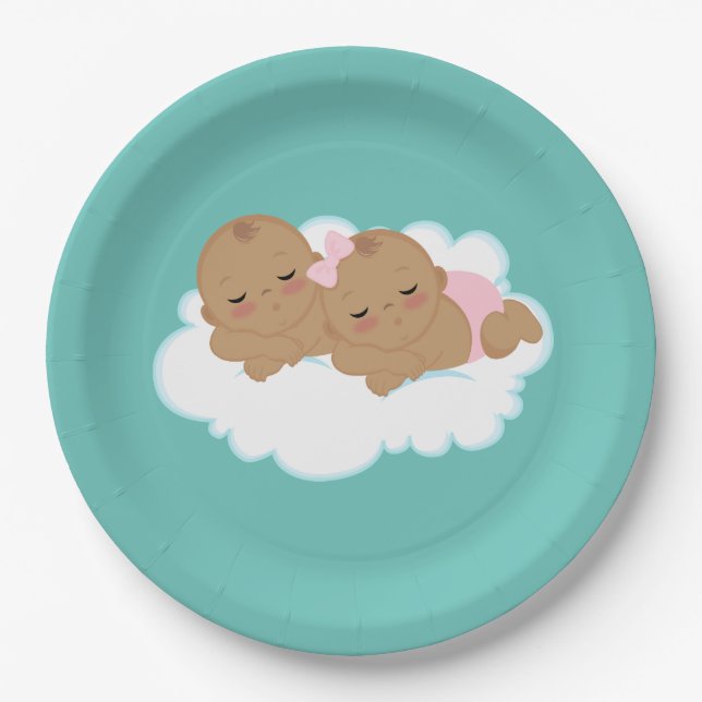Cute boy girl twins baby shower paper plates (Front)
