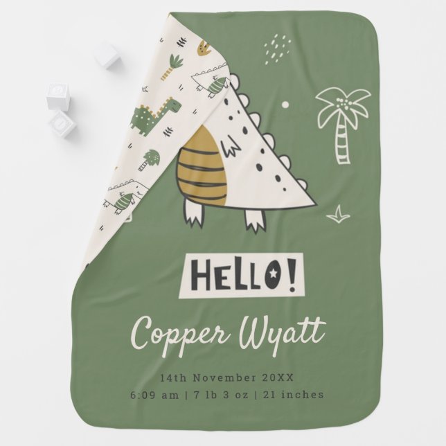 Cute Boy Green Baby Dinosaurs Birth Stats Newborn Baby Blanket (In Situ)