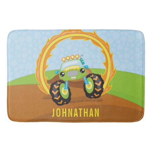 Cute Boy Green Monster Truck Personalized Bath Mat