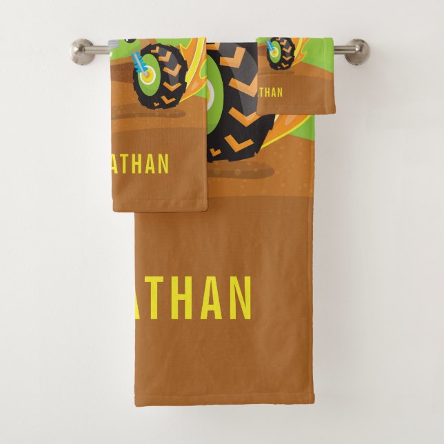 Cute Boy Green Monster Truck Personalized Bath Towel Set (Insitu)