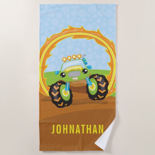 Cute Boy Green Monster Truck Personalized Beach Towel