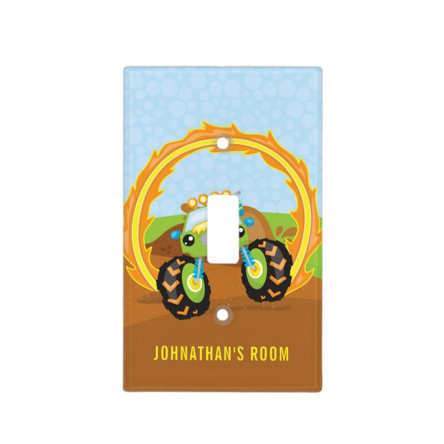 Cute Boy Green Monster Truck Personalized Light Switch Cover (Front)