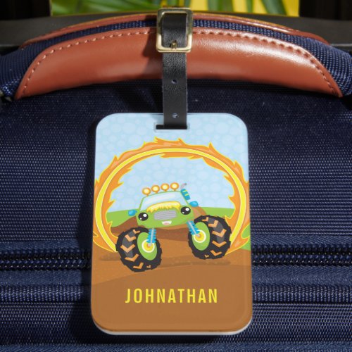 Cute Boy Green Monster Truck Personalized Luggage Tag