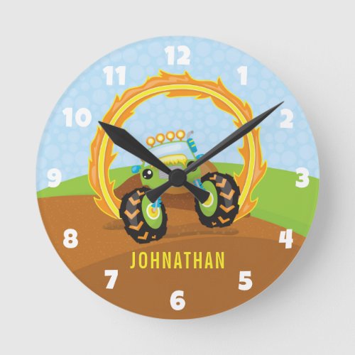 Cute Boy Green Monster Truck Personalized Round Clock