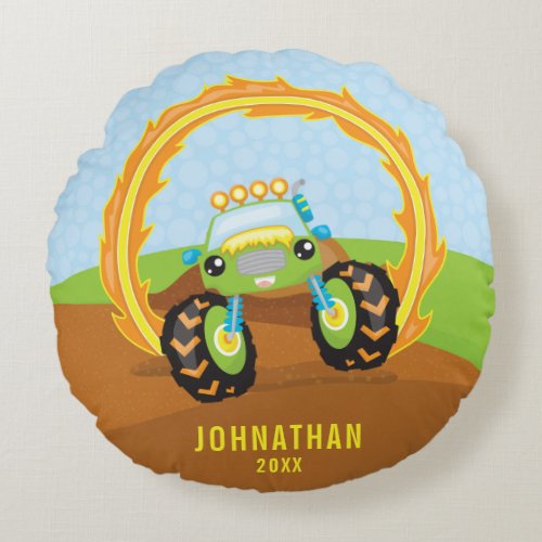 Cute Boy Green Monster Truck Personalized Round Pillow