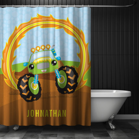 Cute Boy Green Monster Truck Personalized Shower Curtain